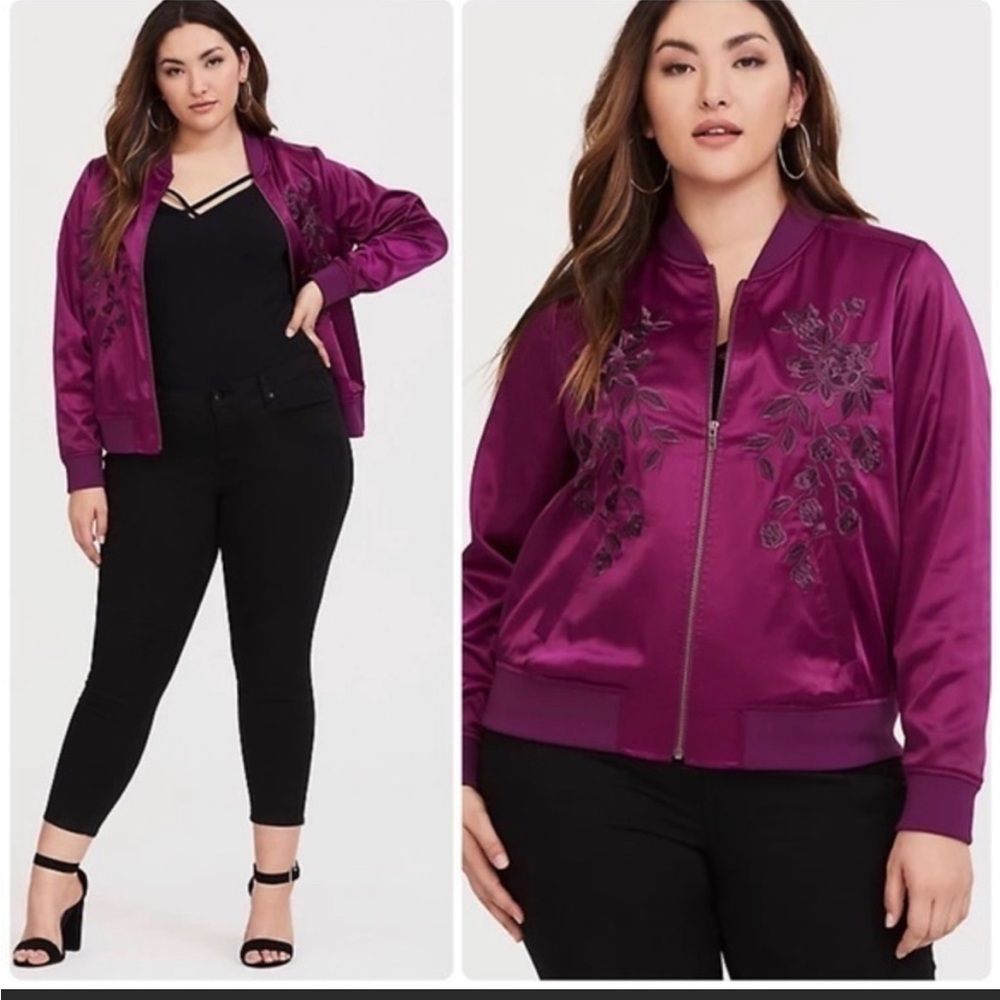 Torrid Purple Satin Embroidered Bomber Jacket size 1